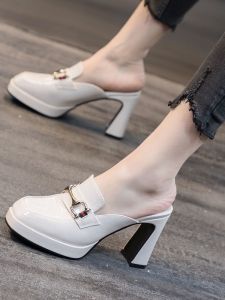 Womens Leather Slip-On High Heels Summer New Style Chunky Heel Waterproof Platform Fashionable Outdoor Wear Half Slippers