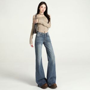 MZVZ | Quần Jeans Loa Pháo Màu Xanh Retro Dáng Rộng Thoáng Mát Hợp Mùa Xuân