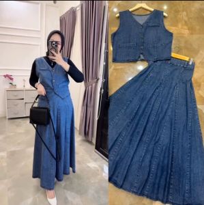 Stelan Wanita Terbaru Vest dan Rok Jeans