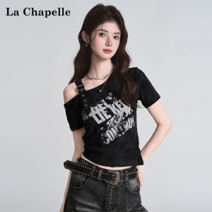 La Chapelle | Off-Shoulder Letter Print Fitted Short T-Shirt