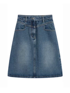 Mi Tang/Rice Soup Retro High Waist A- line Denim Skirt Womens Easiest for Match Slimming Sense of Design Straight-leg Mid Skirt