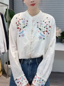 QINGNAER | Spring New Plus Size Heavy Embroidery Colorblock Stand Collar Long Sleeve Shirt