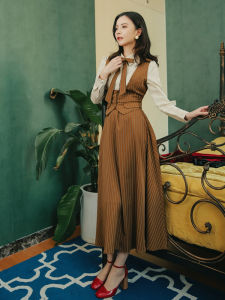 Republic of China Style Vest Shirt Three-Piece Suspender Skirt French Minority Suit Skirt Vintage Stripe Artistic Dress Womens Clothing
