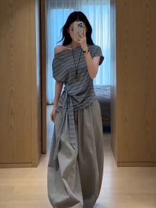 LIRUSHAN | Korean Style Slant Shoulder Striped T-Shirt and Wide Leg Pants Set