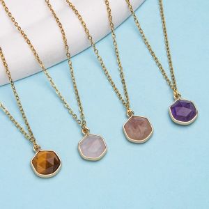 1pc natrual crystal stone gemstone agate Wrapped hexagon Adjustable stainless steel pendant necklace for women and men