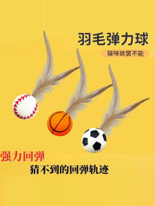 Feline Entertainer Cat Toy Feathered Plushie Elastic Fun Ball Interactive Cat Teaser Stick Dental Chew Toy for Cats