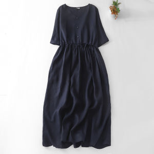 High-End Artistic Linen V-Neck Midi Dress Loose Waist Vintage Sleeveless A-Line Summer New Arrival Womens Dress