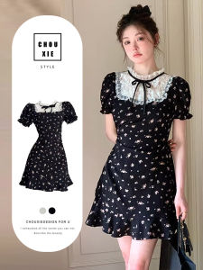 CHOUXIE | Elegant French Chilled Style Black Floral Print Dress