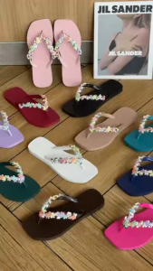 Daily Flip Flops with Beaded Butterfly Decor Square Toe Non-Slip Summer Sandals 2026 New Water Resistant Flat Sole Women’s Casual