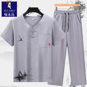 Pure Cotton Short Sleeve Chinese Style Tang Suit Mens Clothing Dads Fashion Grandpas Wardrobe Summer Breathable Tees