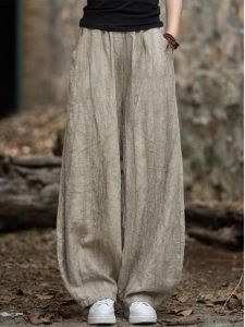 Retro Tie-Dyed Distressed Cotton and Linen Womens Casual Pants Summer Loose Slim Looking Texture High Waist Drooping Linen Bloomers