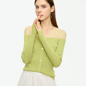 AMII | Ice Silk & Organza V-Neck See-Through Mock Button Sweater
