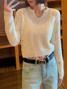 QINGNAER | Casual Loose Short Fashionable Hole Knit Sweater