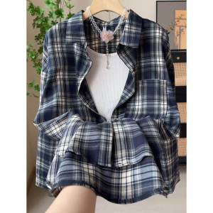 TJZR | Vintage Apricot Grey Check Layered Loose Shirt
