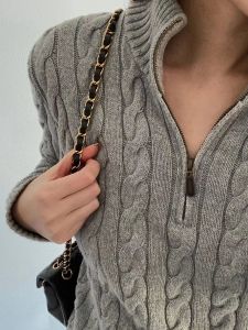 YUANYA | American Brown Half Zip Turtle Neck Lazy Loose Knit Sweater