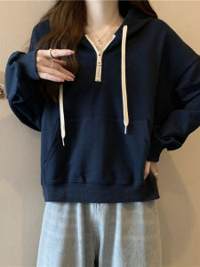 Womens Long Sleeve Hoodie Spring Autumn Thin Loose Short Zipper Half Pull over Top Korean Style Commute Pure Color Polyester Cotton Blend