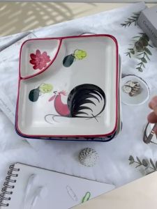 จานเซรามิค จานเหลี่ยม มีช่องใส่น้ำจิ้ม 7x7 นิ้ว 7 สี ขาว ดำ ลายไก่ ลายคราม และ ทูโทน ขาว-ดำ