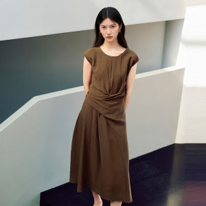 DESIGNICE | Stylish Slimming Waist-Cinching Sleeveless Dress Brown Office Casual Style