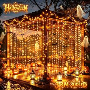 Outdoor Solar Curtain Light 3x3M 300Leds Holiday Decorations Garland 8 Modes Halloween Christmas Party Decor String Lights