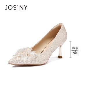 Josiny | Floral Crystal Champagne Colored Two-way Wedding Shoes