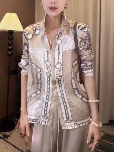 QINGNAER | Vintage Luxury Fashionable Slimming Plus Size Womens Blouse Chain Print Color Block Long Sleeve
