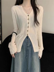 HUOLISI | Korean Style V-Neck Textured Ice Silk UV Protection Knit Top