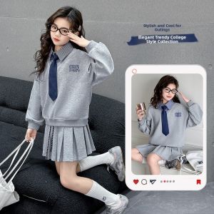 MPW | Girls Preppy Style Sweatshirt Set Skirt Casual Fashionable Spring Autumn Two-Piece Outfit Breathable Comfortable Kids Clothes