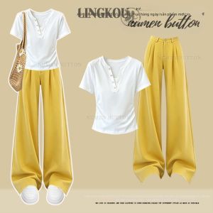 NUMEN BUTTON | Bộ Áo Thun V-Neck Giảm Cân Phong Cách Hàn Quốc Đơn Giản và Quần Dài Ống Trực Tiếp Mùa Hè