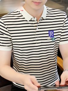 HENGYUANXIANG | Hengyuanxiang Mens Short Sleeve Polo Shirt Casual Striped Business Dad Clothes Summer Fashion Urban Standard Fit Button Detail