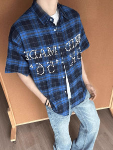 Vintage Beaded Short Sleeve Plaid Shirt Summer Casual Loose Trendy Top