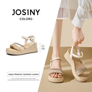Josiny | Thick Sole Wedge Sandals with Rhinestone Strap Summer New