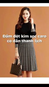 Đầm dệt kim sọc caro co dãn thanh lịch