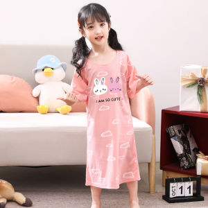 Girls Nightdress Summer Pure Cotton Short sleeve Princess Thin Adorable Rabbit Summer Childrens Pajamas Little Girl Long Homewear