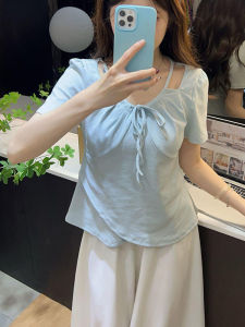 Slimming Fit Short Sleeve T-Shirt Womens Summer Design Belted Girl Style Sweet Korean Version V-Neck Regular Length Top