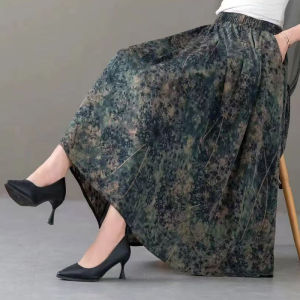 Summer Ice Silk Half Skirt Womens Fashion Dance Long Skirt A-Line Midi Skirt Floral Print High Waist Polyester Fiber