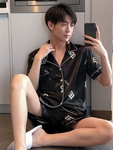 Summer Mens Short Sleeve Ice Silk Sleepwear plus Size Extra Large 300 Pounds Fat Man Thin Real Silk Home Clothes Set 2