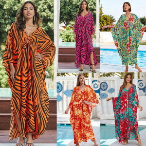 New 2026 Womens Cotton Beach Cover Loose Kaftan Dresses for Women Wave Neck Swimsuit Cover Up Caftan Dress Plus Size irrized Long Beach Dress
