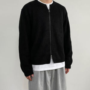 DAVID&ME | Mens Round Neck Knit Cardigan Lazy Fashion Style Double Zipper Loose Sweater Jacket