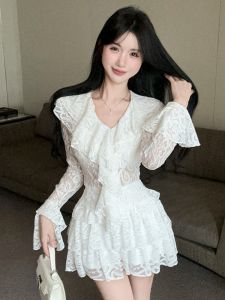 GUZILIAN | Gentle Lace and Ruffled Wooden Ear Design Female Spring/Summer Outfit