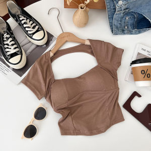 Fashionable Short Sleeve Hollow out Back Square Collar Slimming Womens T-Shirt Base Shirt Top Summer Commute Pure Color