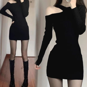 ชุดเดรสยาวแขนยาวถักเข้ารูป เอวสูง กระโปรงทรงเอ ทรงเข้ารูป สไตล์สาวน่ารัก ผ้าโพลีเอสเตอร์ ฤดูใบไม้ผลิ 2025