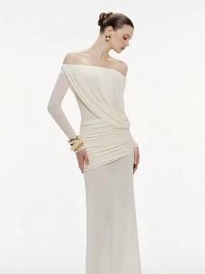 French Vintage Off-shoulder Long Sleeve Ruffle Slimming Dress