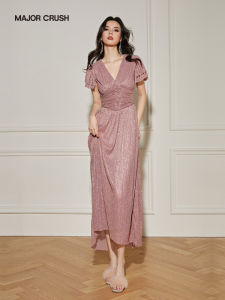 Vintage Style Flowy Pink V-neck Evening Dress
