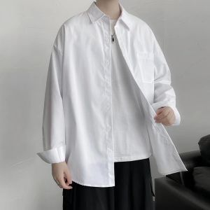 Loose Long Sleeve Mens Shirt Spring Autumn Pure Color Versatile Student Korean Style Casual Outerwear Polyester Fiber