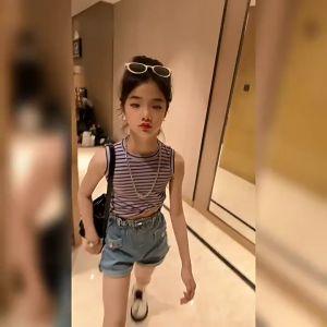 💖R/Stock💖4-14y Kids Girls Sleeveless Jeans Set (H181) 无袖条纹牛仔裤套装