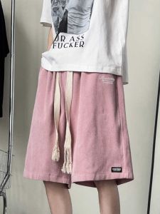 กางเกงขาสั้นผ้าคอร์ดูรอยเอวกลางหลวมๆ สไตล์อเมริกัน สำหรับผู้ชาย กางเกงขายาวห้าแฉกสีชมพูปักลายสำหรับฤดูร้อน กางเกงขายาวห้าแฉกสำหรับคู่รัก