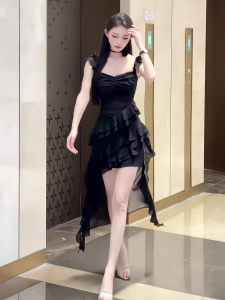 Summer White Irregular Hem Sleeveless Strap Dress Womens High Waist Slimming Long Tailed Gown Korean Style Knitted Polyester