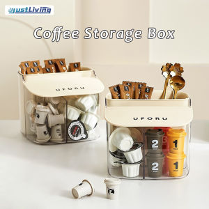 JustLiving Plastic Desktop Coffee Bag Storage Box with Grids Bar Divided Storage Box Clear Makeup Cotton Storage Box with Trash Can Household Storage Organizer with Lid