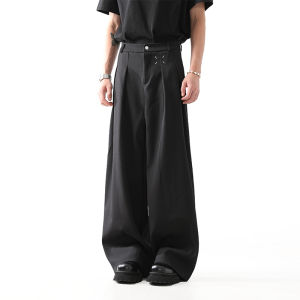 Black Fleece Lined Casual Mens Suit Pants Korean High-End Cleanfit Wide Leg Loose Fit Autumn Winter Long Straight Leg Trousers