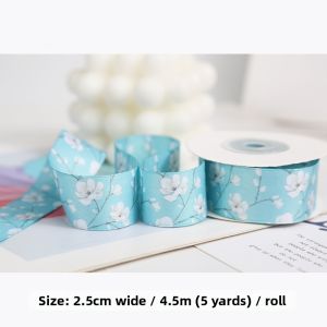 NingChu Ribbon | Double Sided Printed Peony White Tea Flowers Ribbon